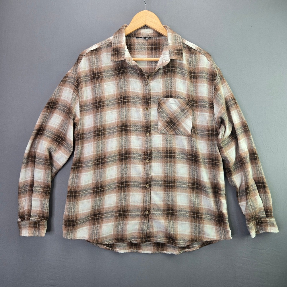 Unbranded Flannel Shirt Plaid Button Up Brown Tan Cream Vintage Style L Casual